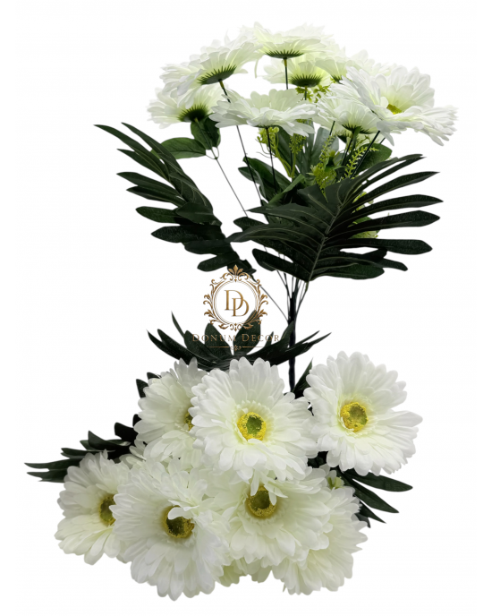 Nagyméretű dús gerberacsokor pálmalevéllel / 50cm. 13 főszál Fehér Nagyméretű dús gerberacsokor pálmalevéllel / 50cm. 13 főszál Fehér
